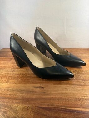 Marc Fisher Zala Pointed Toe Pump Block Heel Black Leather Pumps Size 9